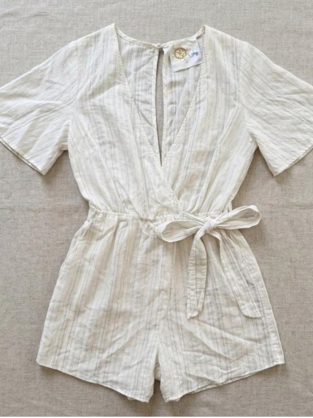 Blue Life Gem Romper White Striped Wrap Front Tie Waist Small
